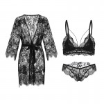 Guiruo Brand Love Europe and America Sexy Lace Solid Color Perspective Deep V Three Point Passion Lace Up Outrobe Home Fur Set