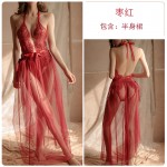 Guiruo Brand Fun Lingerie Women's Sexy Open Style Detachable Bodysuit Transparent Lace up Long Dress Uniform Set 1580
