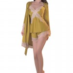 Guiruosi Smooth Satin Lace and Chest Cushion Sexy Suspender Top Shorts Lazy Outer Robe Women's Home Suit Set