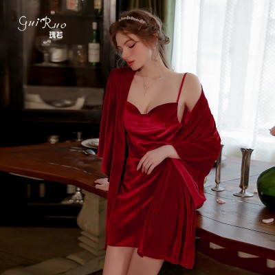 Guiruo Brand French Velvet Sexy Open Back Private Room Pure Desire Sleeping Dress Simple Outer Robe Women's Home Fur Set 2821