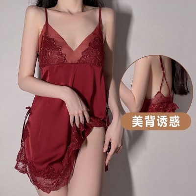 Guiruo Autumn and Winter Fun Lingerie Sexy Deep V Lace Loose Satin Seduction Nightwear Hanging Dress Set Issued on behalf of 570