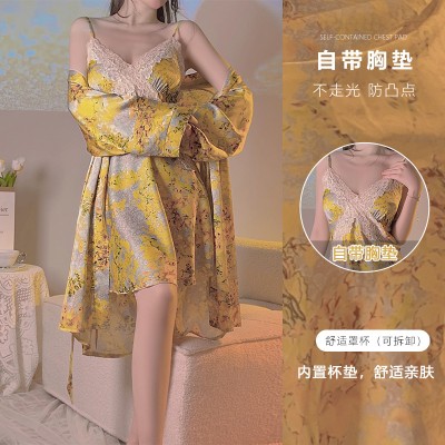 Guiruo Brand Yellow Fragmented Flower Chest Cushion with Satin Cross Lace Waist for Slim and Comfortable Sleeping Dress Outrobe Set 3788