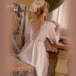 Gorgeous Spring and Summer Sexy Backless Temptation Wave Dot Mesh Pure Desire Long Sleeve Nightgown Slim Home Fury Set P2798