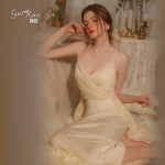 Guiruo New Satin Splice Chiffon Deep V Temptation Chest Cushion Open Back Simple Long Home Suspender Sleeping Dress J3178