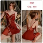 Guiruo French Perspective with Chest Cushion Lace up Hollow out Temptation Satin Hanging Strap Sleeping Dress Outer Robe Home Suit Set 3340