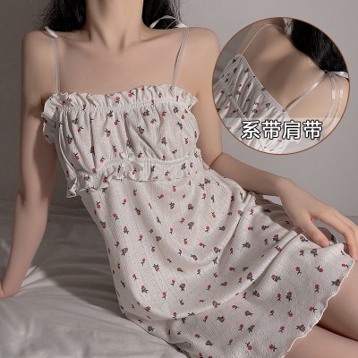 Guiruo Autumn and Winter New Sexy Fragrant Flower Lace up Sweet Hanging Pajama Dress Sleeveless Pajamas Women's Home Furnishing Set 1314