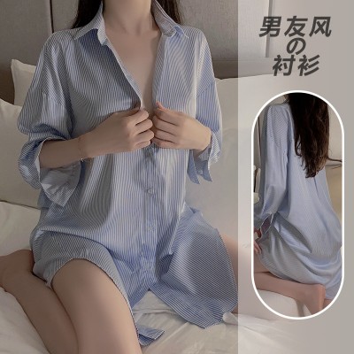 Guiruo Brand Classic Striped Satin Pure Boyfriend Style Shirt Sexy Open Front Loose Comfortable Home Fury 3398