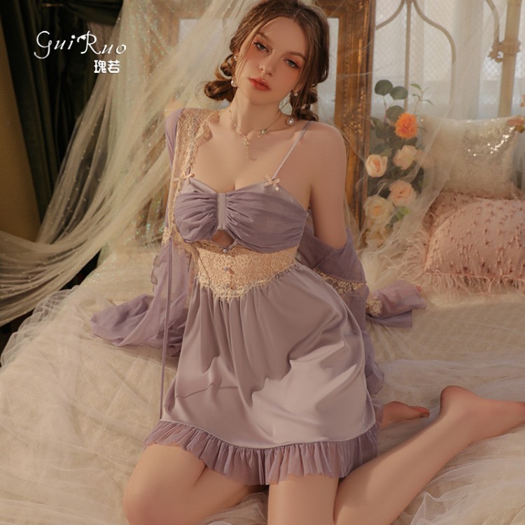 Gorgeous Spring and Summer Sexy Open Back Sexy Satin Suspended Sleeping Dress Mesh Outer Robe Women's Home Furnishing Set J3182