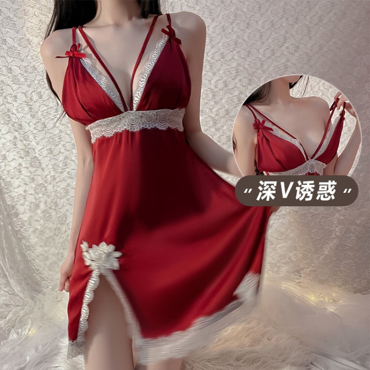 Guiruo Sexy Split Satin Lace Low cut Pajamas Open Back Suspended Nightwear Home Furnished Women's Set Replacement 562