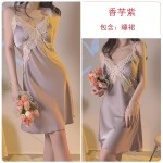 Ruo Ruo Solid Satin Cross Lace Sexy Plus Chest Cushion Suspender Sleeping Dress Simple Outer Robe Women's Home Set 3789