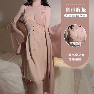 Rose Ruosi Smooth Satin Button Decoration Deep V Plus Chest Pads Perspective Temptation Sleeping Skirt Outer Robe Home Suit Set 3379