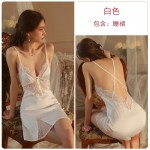 Guiruo Brand Sexy Deep V Low cut Pajamas Solid Lace Comfortable Suspender Dress Outer Robe Home Suit Set 1688