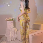 Guiruo Autumn and Winter New Satin Lace and Chest Cushion Slim Fit Suspender Top Long Pants Lace up Outer Robe Home Suit Set