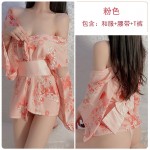 Guiruo Fun Underwear Sexy Printing Vintage Chiffon Japanese Kimono Role Playing Bathrobe Uniform Set 631