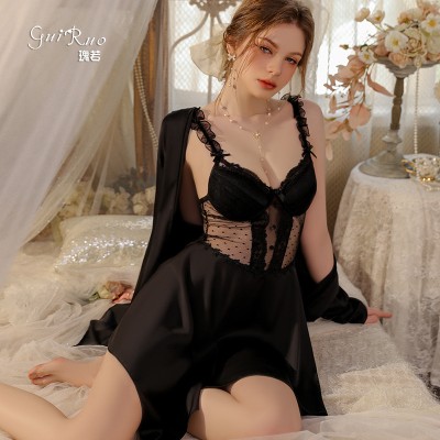 Guiruo Bo Dian Mesh Perspective Attractive Chest Pad Gathers Pure Desire Sling Sleeping Dress Outer Robe Home Suit Set J3134