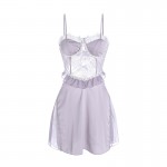 Guiruo Brand Sexy Hollow out Satin Lace Breast Pad Gathering Sleeping Dress Solid Color Robe Women's Home Set 3140