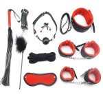 Black plush 10 piece set with binding and binding sex toys for adults. Plush set for couples to flirt with
