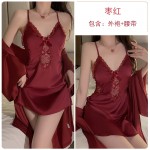 Gorgeous and Sexy Satin, Sweet Lace Perspective, Sexy and Seductive, with Chest Cushion, Sleeping Dress, Outer Robe, Women's Home Furnishing Set, 3616