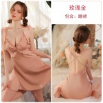 Guiruo Sexy Perspective Lace and Chest Cushion Cross over Open Back Women's Satin Suspended Sleeping Dress Simple Outer Robe Set 3166