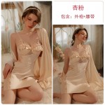 Rose Like Spring and Summer Sexy Backless Temptation Ice Silk Chest Cushion Gathered Strap Sleeping Dress Outer Robe Home Fur Set P3143