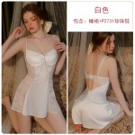 Guiruo Spring/Summer Satin Nightwear Satin Open Back Temptation with Chest Pads, Suspended Nightwear, Outer Robe, Uniform Set C3461