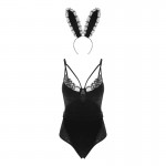 Guiruo Fun Lingerie Sexy Deep V Velvet Splice Lace Cute Rabbit Girl Concealed Open Range One Piece Set 604