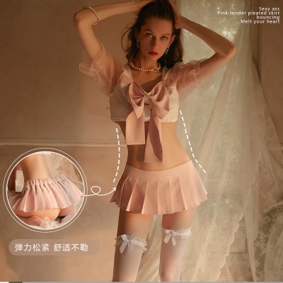Guiruo Autumn and Winter Fun Lingerie Sexy Mesh Perspective Short Pleated Skirt Pure Student Uniform Set 1611