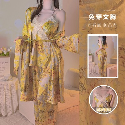 Guiruo Autumn and Winter New Satin Lace and Chest Cushion Slim Fit Suspender Top Long Pants Lace up Outer Robe Home Suit Set
