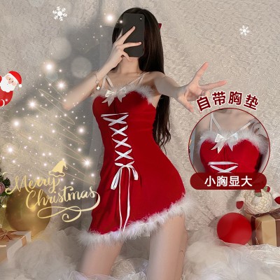 Guiruo Autumn and Winter Fun Lingerie Sexy Chest Cushion Velvet Role Play Dress Christmas Dress Uniform Set 1786