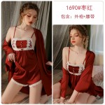 Ruo Ruo Thin Lace Pure Desire Private Belly Pocket Nightwear Shorts Outer Robe Three Piece Women's Home Suit Set 3486