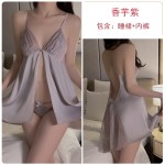 Ruo Ruo Spring/Summer Sexy Backless Temptation Ice Silk Pajamas Solid Color Mesh Perspective Sling Dress Home Suit Set 2661