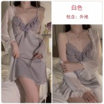 Rose Like Spring and Summer Sexy Lace Sweet Pajama Chest Pads Gathered Strap Sleeping Skirt Outer Robe Home Suit Set J2708