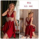 Rose Like Autumn and Winter Sexy Lace Perspective Temptation Solid Color Pure Desire Sling Sleeping Dress Outer Robe Women's Home Fury Set 2413