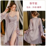 Ruo Ruo Spring and Summer Wrinkles Show Slim Weight with Chest Pads Gathered Ice Silk Comfortable Sling Sleeping Dress Outer Robe Home Suit Set 3156