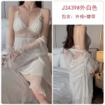 Guiruo Women's Summer Ice Silk Set High Grade Pure Desire Wind Mesh and Chest Cushion Sleeping Dress Outer Robe Home Set 3372