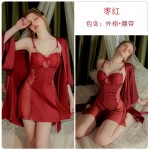 Gorgeous Spring and Summer Sexy Backless Temptation Chest Cushion Steel Ring Suspender Sleeping Dress Ice Silk Outer Robe Women's Home Fury Set 3142