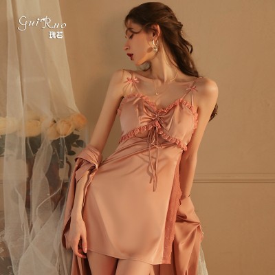 Guiruo Brand Comfortable Nightgown Sexy Hollow out Temptation Suspended Nightgown Lace up Outer Robe Women's Home Furnishing Set 2047