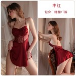 Ruo Ruo Sweet Lace Suspended Sleeping Dress Open Back Seduction Cardigan Outer Robe Women's Solid Color Comfortable Home Suit Set 2111