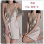 Guiruo Solid Color Pajamas Lace up Pajamas Sexy Deep V Lace Satin Suspended Pajama Dress Home Furnished Set 272