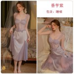 Guiruo Sexy Transparent Yarn Low Chest Gathering with Chest Cushion Open Back Satin Pure Desire Sleeping Dress Outer Robe Home Suit Set 3382