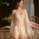 Rose like Spring and Summer Sweet Lace Perspective Temptation Sling Shorts Lace up Outer Robe Home Suit Set Issued on behalf of 19079