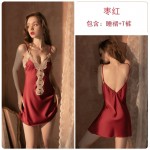 Guiruo Brand Deep V Lace Comfortable Pajamas Women's Satin Open Back Slim Sleeping Dress Home Suit Set 892