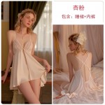 Ruo Ruo Spring/Summer Sexy Backless Temptation Ice Silk Pajamas Solid Color Mesh Perspective Sling Dress Home Suit Set 2661