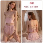 Guiruo Brand Sexy Waist Lure Pajama Strap Shorts Outer Robe Three Piece Women's Home Suit Set 1092