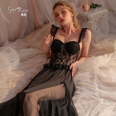 Guiruo Brand Chest Cushion Gathering Steel Ring Sling Sleeping Dress Long French Robe Mesh Homewear Set J2670