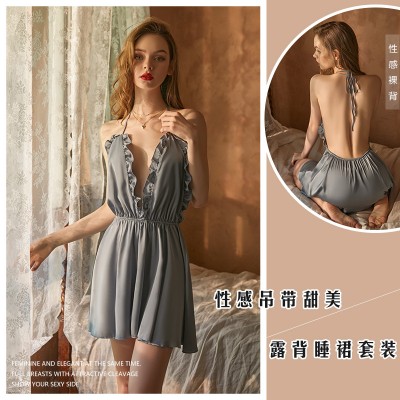 Guiruo Brand European and American Sexy Deep V Open Back Satin Nightwear Sweet Solid Color Hanging Neck Nightwear Home Suit Set 102