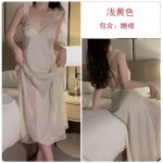 Ruo Ruo Satin Lace Slim Fit Long Style with Chest Cushion Cross Back Sweet Flying Sleeves Sexy Homewear Sleepwear 3388