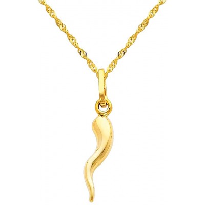 The World Jewelry Center 14k Yellow Gold Cornicello Italian Horn Pendant with 1.2mm Singapore Chain Necklace