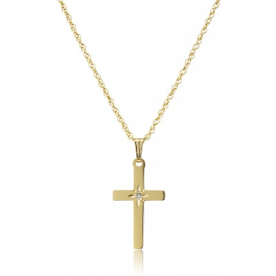 14k Yellow Gold Solid Diamond-Accented Cross Pendant Necklace, 18&#34;