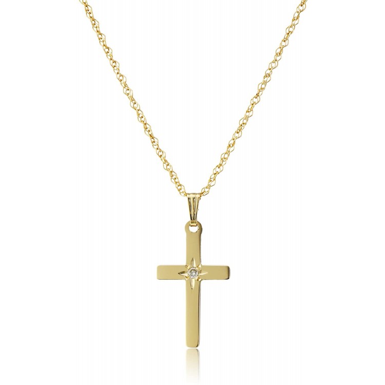 14k Yellow Gold Solid Diamond-Accented Cross Pendant Necklace, 18&#34;